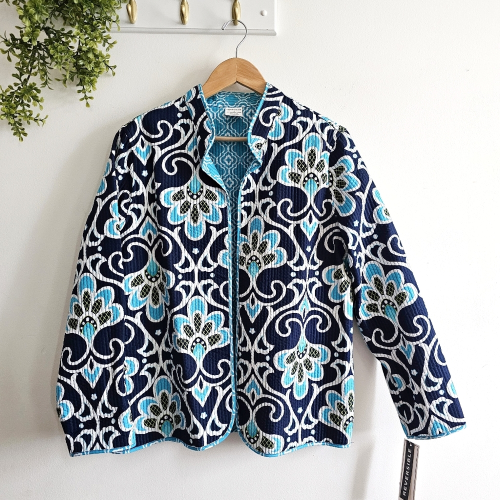 Alfred Dunner Reversible Quilted Jacket Scenic Route Blue Teal Floral Print, 14